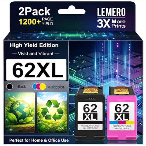 LEMERO 62XL Ink Cartridges Remanufactured Ink Cartridge Replacement for HP 62XL Ink Cartridge Combo Pack for HP Ink 62 use with Envy 7640 5660 5540 7645 5746 OfficeJet 250 200 5740 Mobile Printer - Image 1