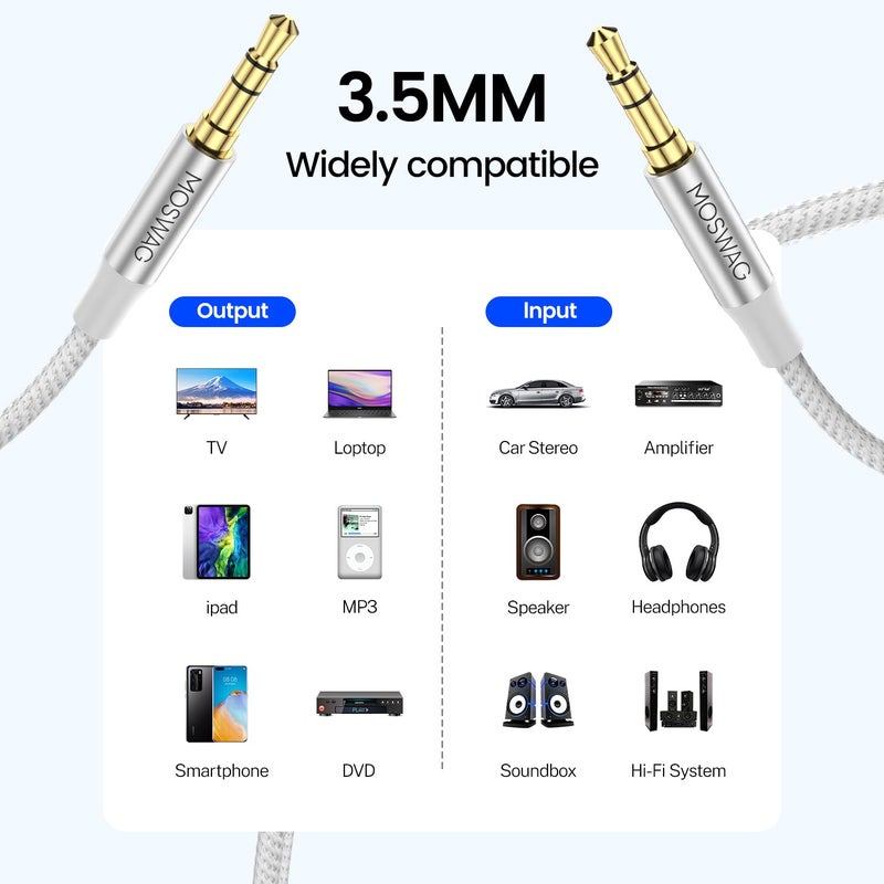 MOSWAG 3.28FT/1Meter 3.5mm Audio Aux Jack Cable to 3.5mm Aux Cable Male to Male Aux Cord Nylon Braided Stereo Jack Cord for Phones,Headphones,Speakers,Tablets,PCs,Music Players and More - Image 2