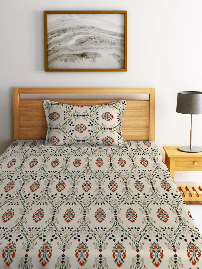 LOOMLYFE 300 TC Cotton Feel Glace Elastic Fitted Printed Single Bed Bedsheet with 1 Pillow Cover Fits Upto 6 Inches Mattress,Size- 42X75X8 Inches, BeigeJaipuri - Image 1