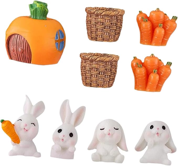 Assorted Color Miniature Rabbit Figurines With Straw Basket Carrot Garden Patio Decor - Image 1