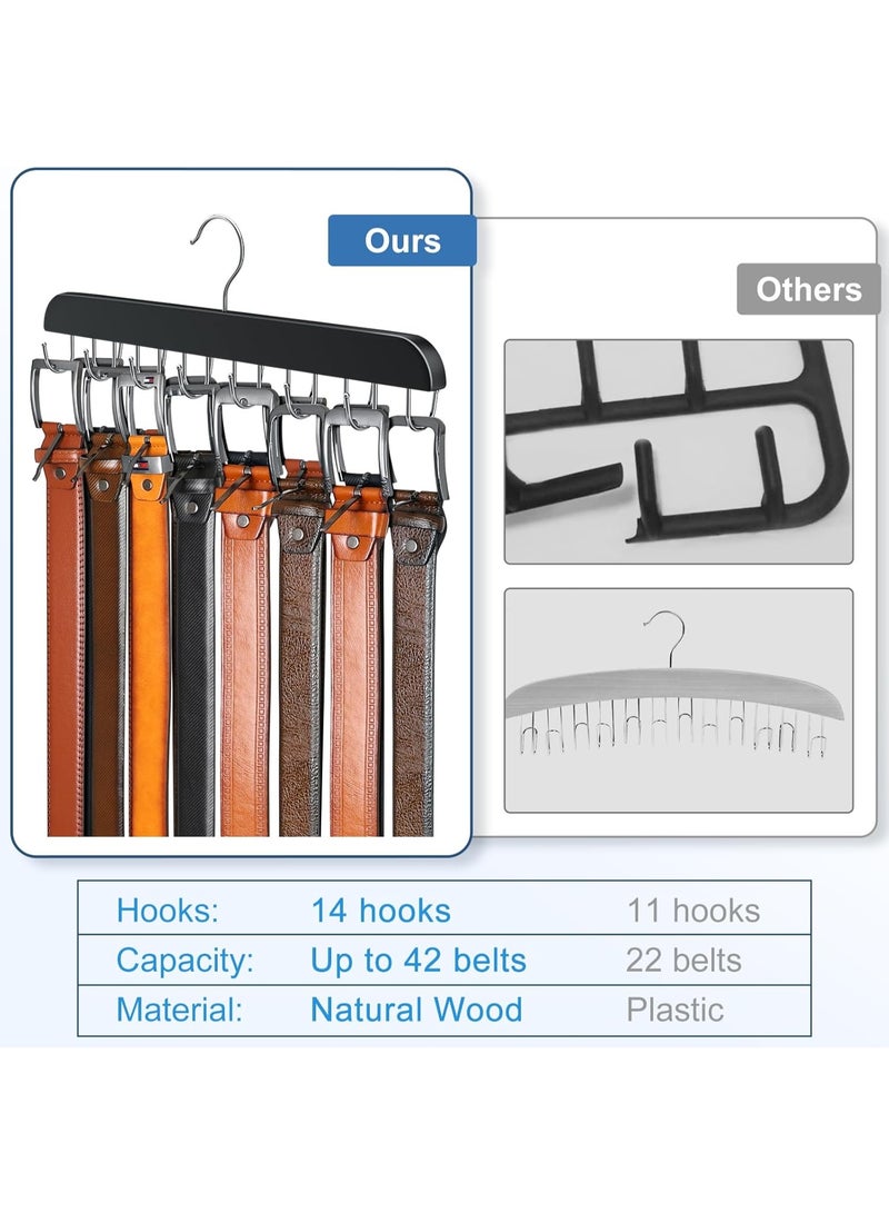 Belt Hanger for Closet Max 42 Belts, Belt Organizer Closet Accessories with 14 Hooks Belt Rack Sturdy Wood for Closet Organizers and Storage -Black 1 Pack - Image 3