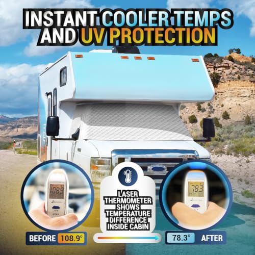 LATCH.IT RV Front Windshield Cover Class C | Front Motorhome, Trailer and Camper Windshield Cover w/Mirror Cutouts & Corner Bands | Compatible for Ford 1997‑2025 | RV Wind Shield Sunshade - Image 3