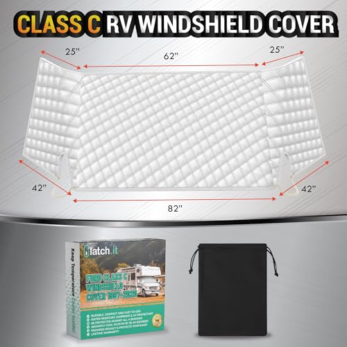 LATCH.IT RV Front Windshield Cover Class C | Front Motorhome, Trailer and Camper Windshield Cover w/Mirror Cutouts & Corner Bands | Compatible for Ford 1997‑2025 | RV Wind Shield Sunshade - Image 2