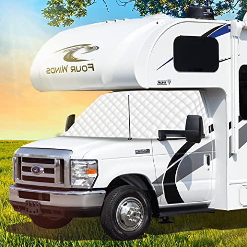 LATCH.IT RV Front Windshield Cover Class C | Front Motorhome, Trailer and Camper Windshield Cover w/Mirror Cutouts & Corner Bands | Compatible for Ford 1997‑2025 | RV Wind Shield Sunshade - Image 1