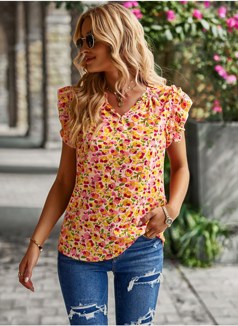 Loquat Stylish V-neck Floral Top Multicolour  - Image 1