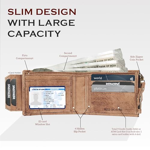 REDHORNS Genuine Leather Wallet for Men | RFID Protected Mens Wallet with 9 Credit/Debit Card Slots | Slim Hunter Leather Purse for Men (Light Brown) - Image 3