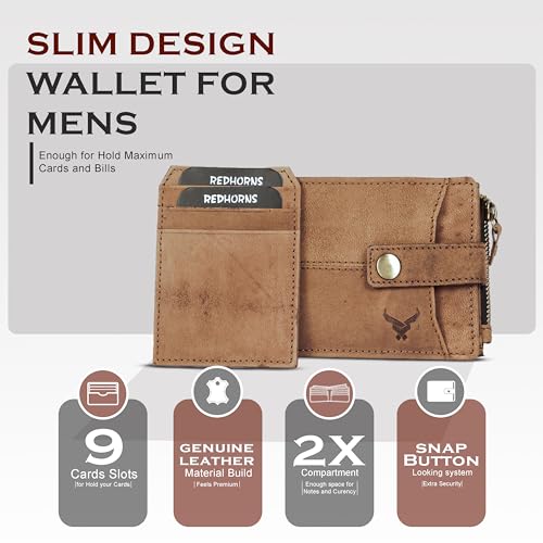 REDHORNS Genuine Leather Wallet for Men | RFID Protected Mens Wallet with 9 Credit/Debit Card Slots | Slim Hunter Leather Purse for Men (Light Brown) - Image 2