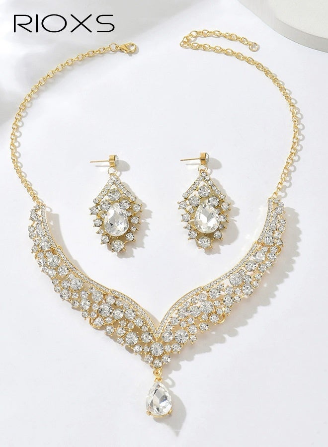 ريوكس طقم مجوهرات زفاف، طقم قلادة وأقراط من الخرز مع سلاسل من أحجار الراين، أحجار شفافة، إكسسوارات مجوهرات عصرية عتيقة للنساء - Image 1