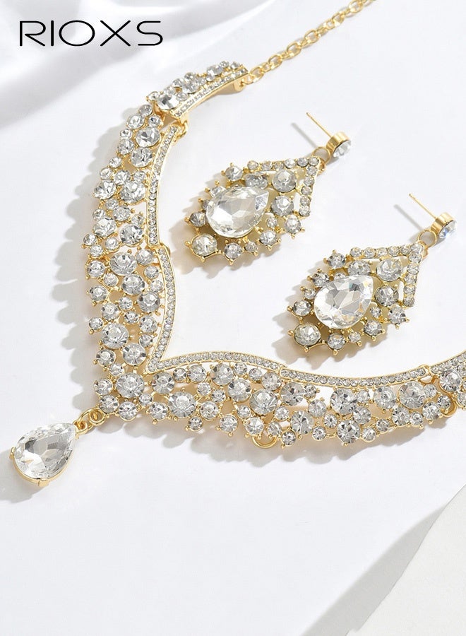 ريوكس طقم مجوهرات زفاف، طقم قلادة وأقراط من الخرز مع سلاسل من أحجار الراين، أحجار شفافة، إكسسوارات مجوهرات عصرية عتيقة للنساء - Image 2