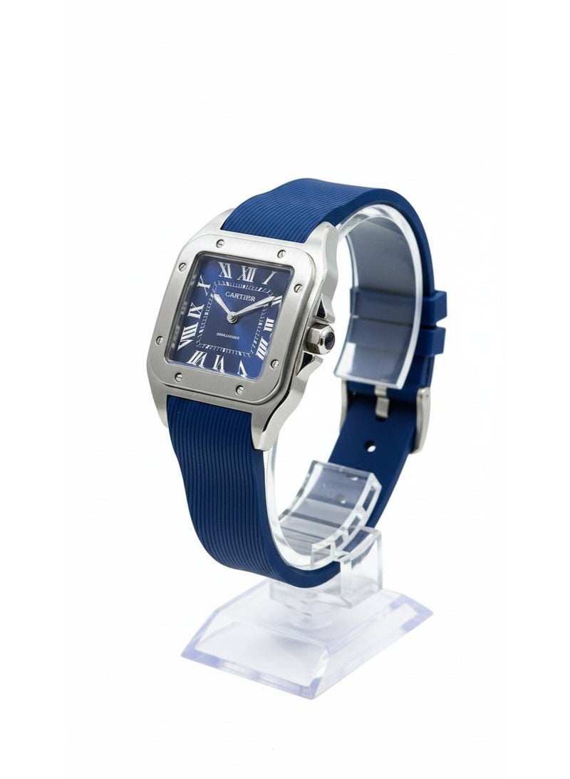 Cartier Men’s Square Analog Watch with Blue Rubber Strap & Roman Numerals