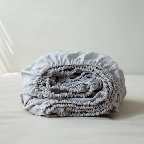 King Linens 100% Linen Fitted Sheet Stone Washed Solid Color - (1 Piece) 14 inch Deep Pocket Mattress Cover Soft Natural Breathable Farmhouse - Grey, King Size - Image 1