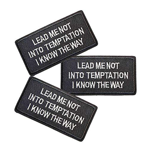 U-Sky Sew or Iron on Embroidered Patches | Lead Me Not Into Temptation I Know The Way Biblical Humor Design | Religious Satire Style | Adults | Jackets Bags Denim | 3.5"x1.8" 3PCs Pack - Image 1