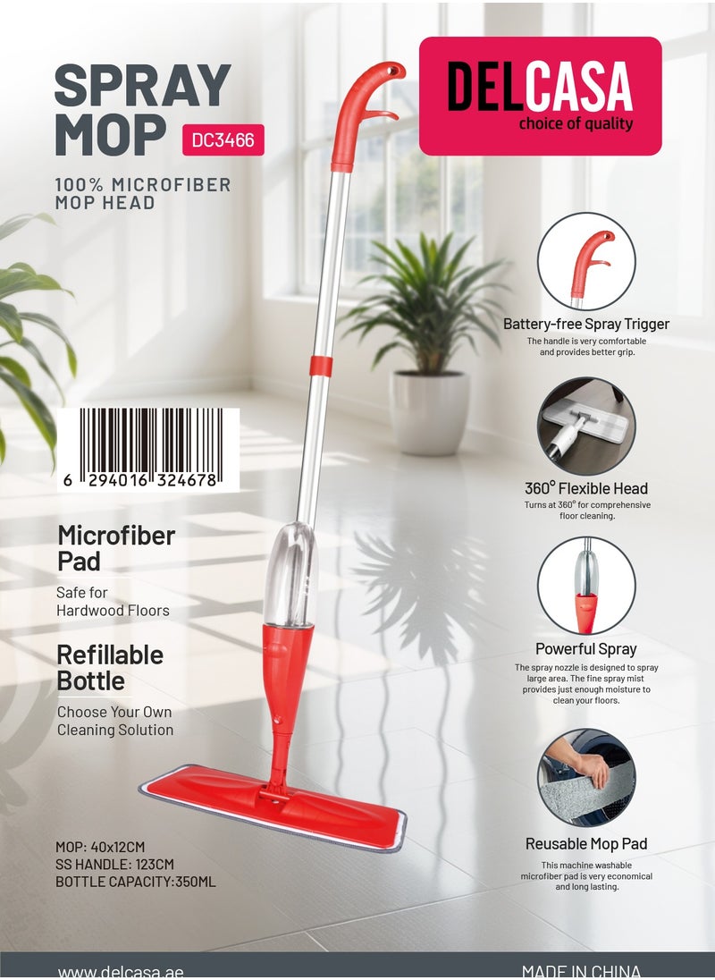 DELCASA Delcasa Microfiber Spray Mop- DC3466/ with Stainless Steel Handle, for Dry and Wet Cleaning, Removable and Washable Head and a Long Hand/ Refillable Sprayer Bottle, 350 ml, Integrated Water Spraying Mechanism, Suitable for Floor, Glass, Walls/ Red  - Image 2