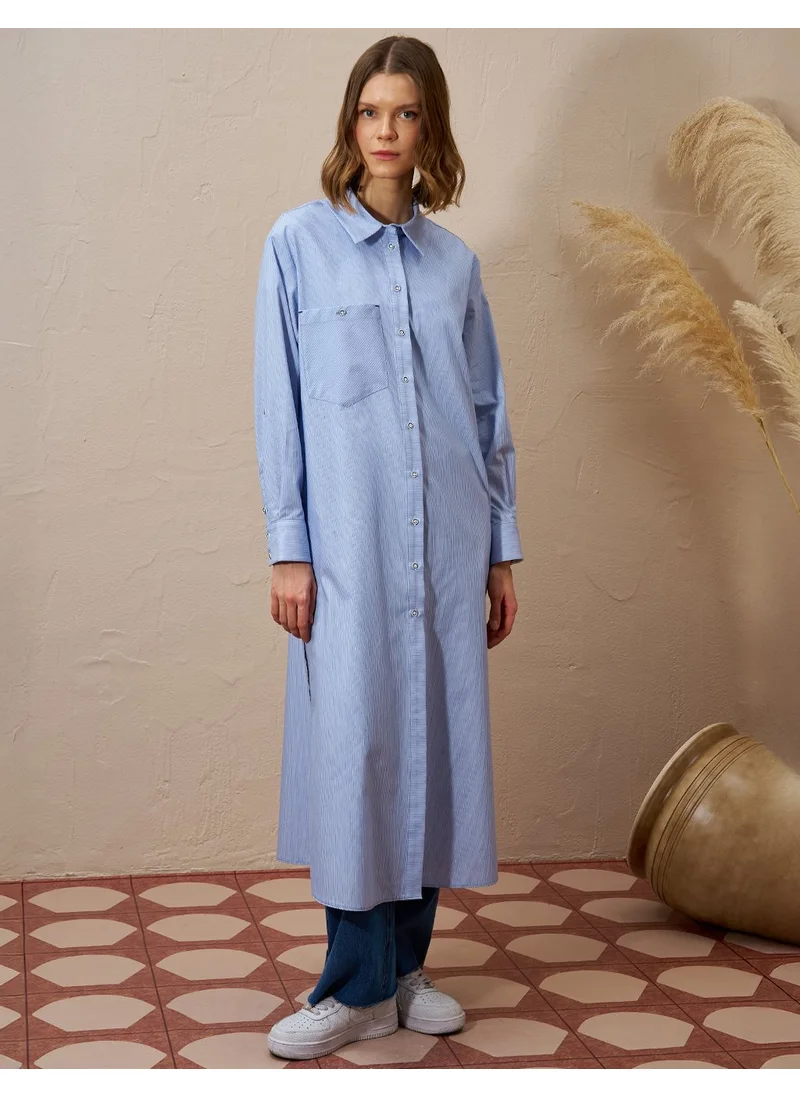 Kayra Cotton Blend Striped Pattern Tunic Aviator Blue