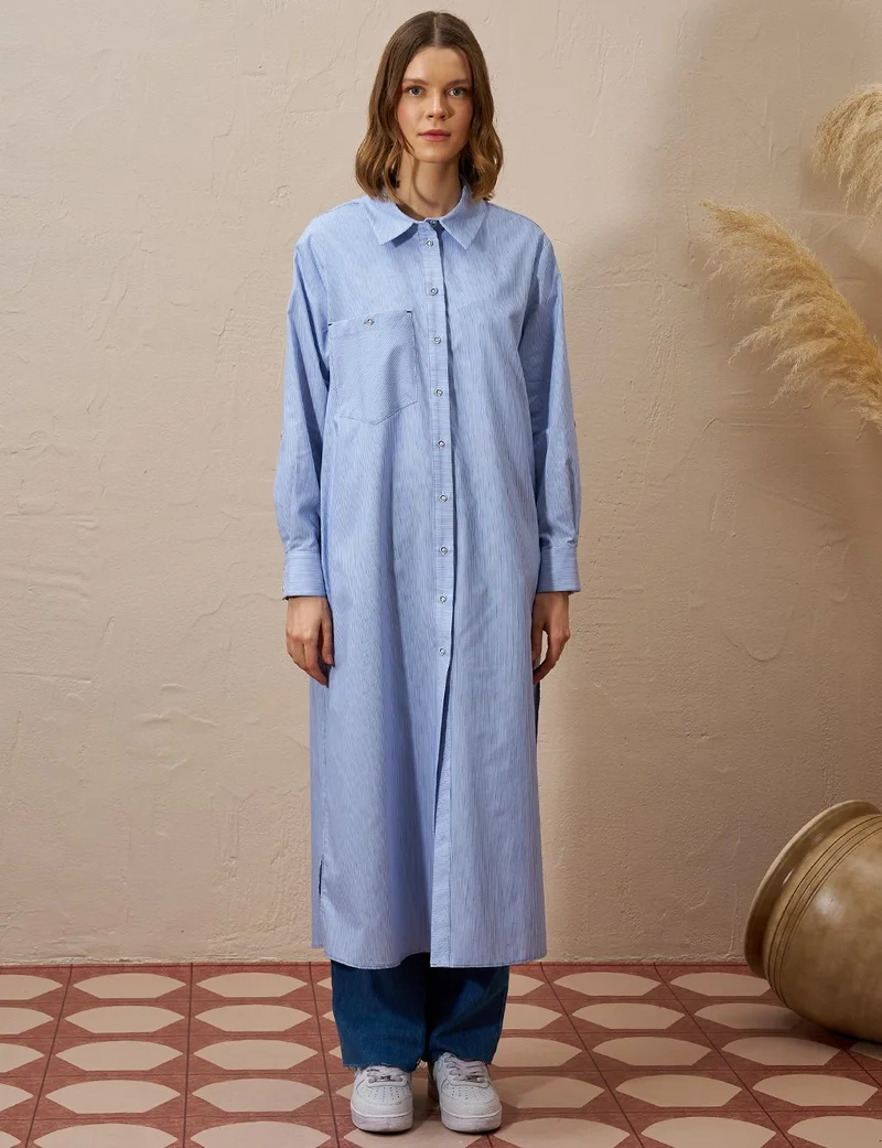 Kayra Cotton Blend Striped Pattern Tunic Aviator Blue