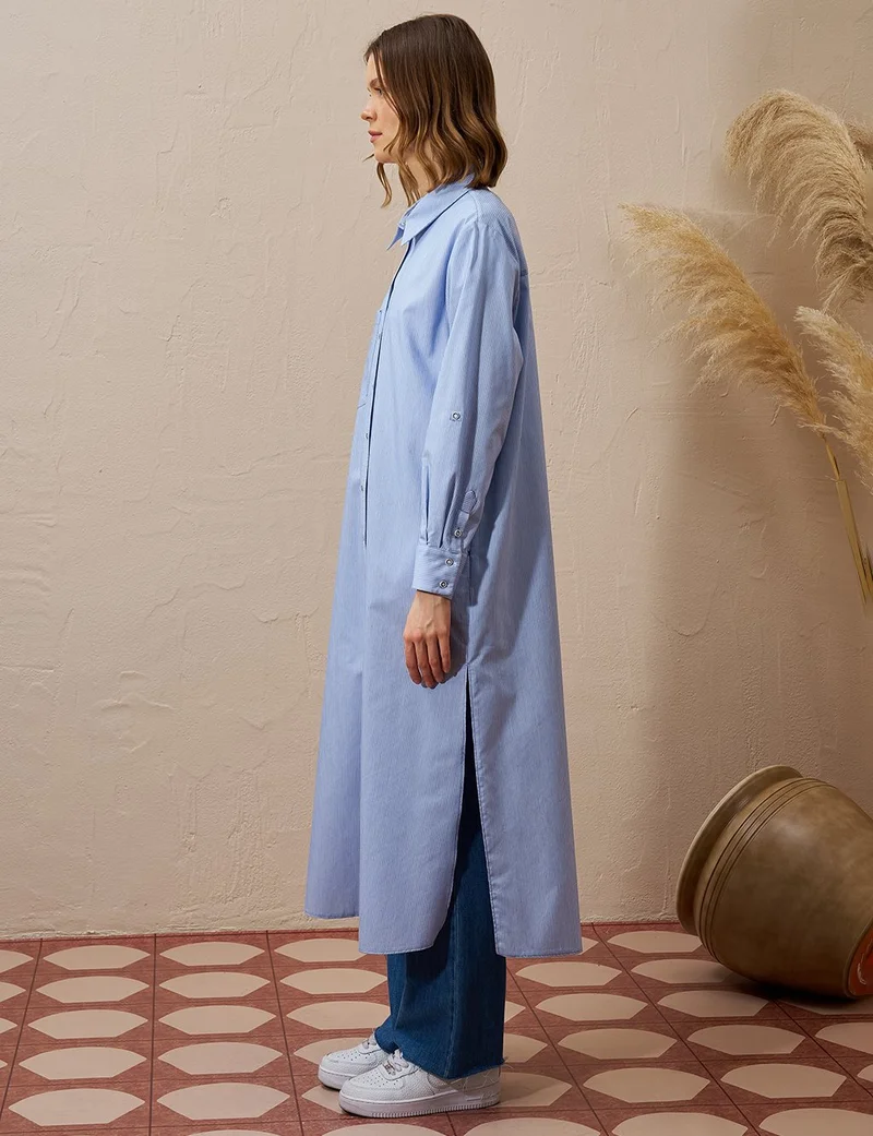 Kayra Cotton Blend Striped Pattern Tunic Aviator Blue