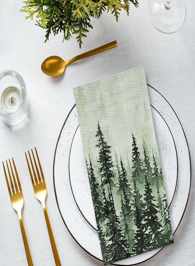 JarThenaAMCS 100Pcs Green Misty Forest Guest Napkin Woodland Disposable Paper Pine Tree Dinner Hand Towel Napkin for Home Kitchen Bathroom Holiday Party Supplies - Image 3