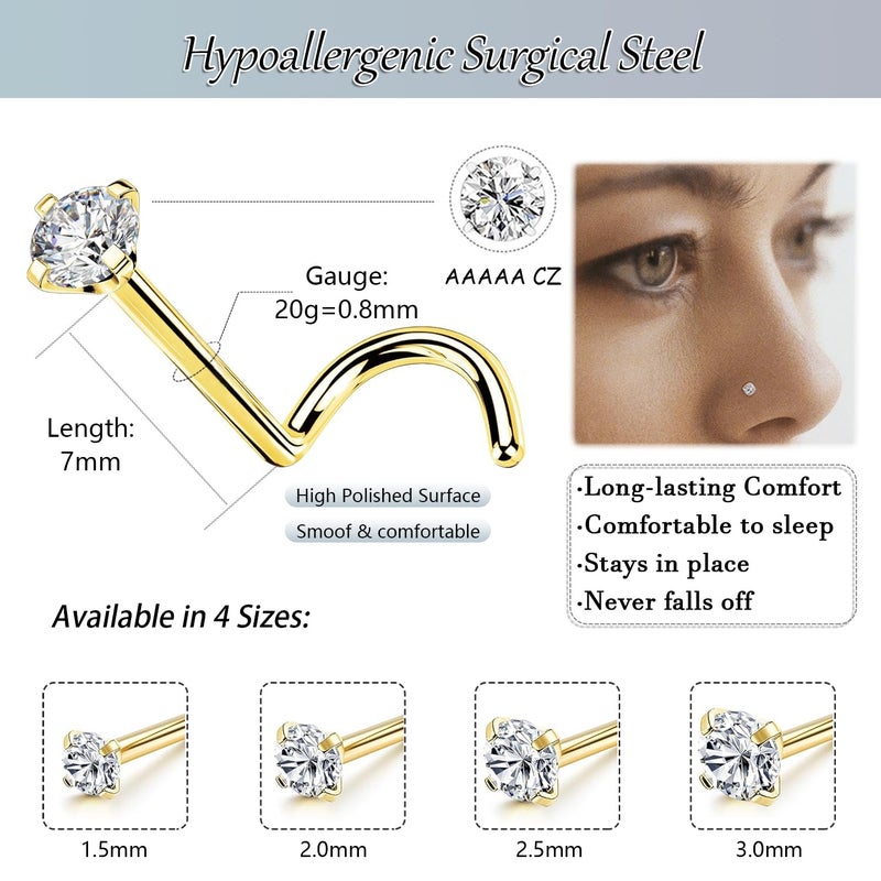 GingYing Nose Rings Studs: 8Pcs 20G 316L Surgical Steel Gold Nose Studs Hypoallergenic Corkscrew Nose Stud Piercing Jewelry for Women Men Clear Cubic Zirconia Imitation Diamond Top Size 1.5mm 2mm 2.5mm 3mm - Image 1