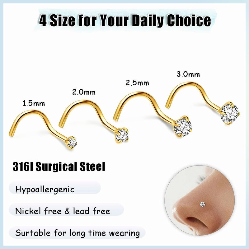 GingYing Nose Rings Studs: 8Pcs 20G 316L Surgical Steel Gold Nose Studs Hypoallergenic Corkscrew Nose Stud Piercing Jewelry for Women Men Clear Cubic Zirconia Imitation Diamond Top Size 1.5mm 2mm 2.5mm 3mm - Image 2