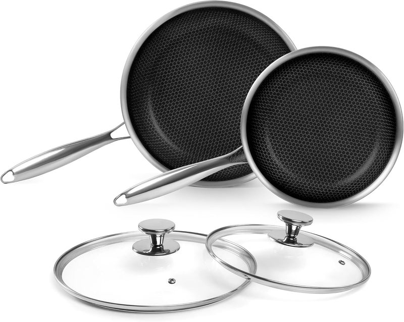Innerwell طقم مقالي إنيرويل ثلاثية الطبقات من الفولاذ المقاوم للصدأ مع أغطية، مقاس 9.5 بوصة و11 بوصة، غير لاصقة بنمط قرص العسل، مجموعة من قطعتين من المقالي مناسبة للطهي على مواقد الحث والغاز - Image 1