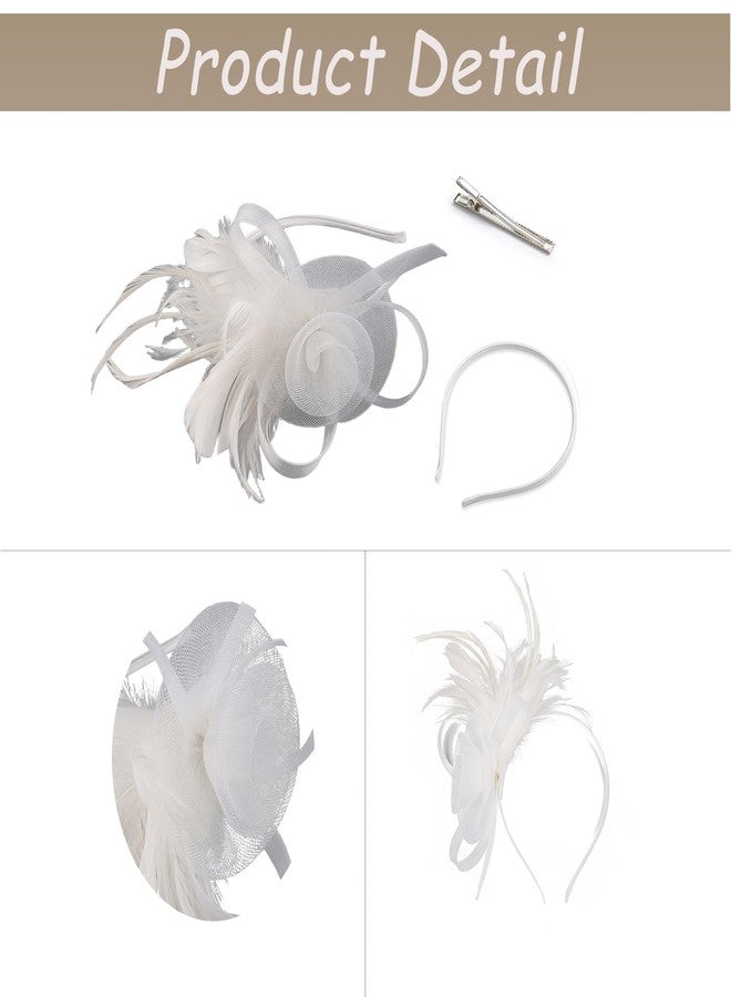 FALETO Womens Fascinators with Hair Clip Floral Headwear Feather Tea Party Hats Cocktail Wedding White - Image 5
