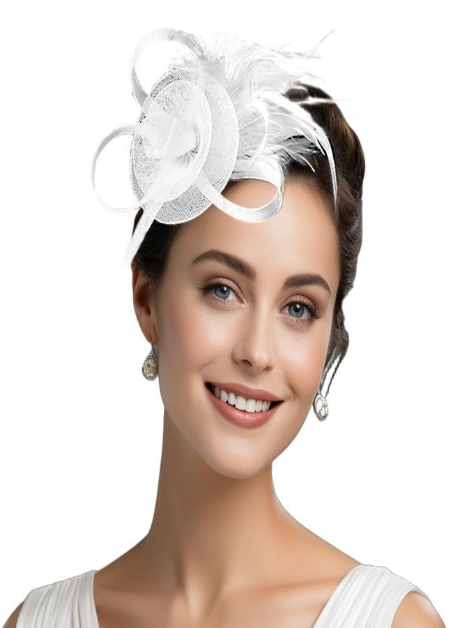 FALETO Womens Fascinators with Hair Clip Floral Headwear Feather Tea Party Hats Cocktail Wedding White - Image 1