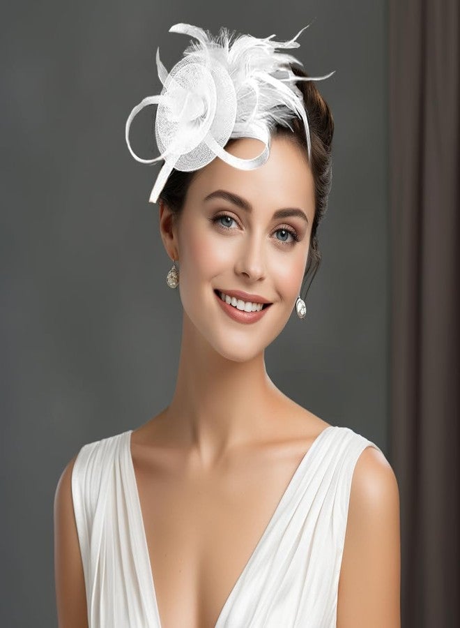 FALETO Womens Fascinators with Hair Clip Floral Headwear Feather Tea Party Hats Cocktail Wedding White - Image 2