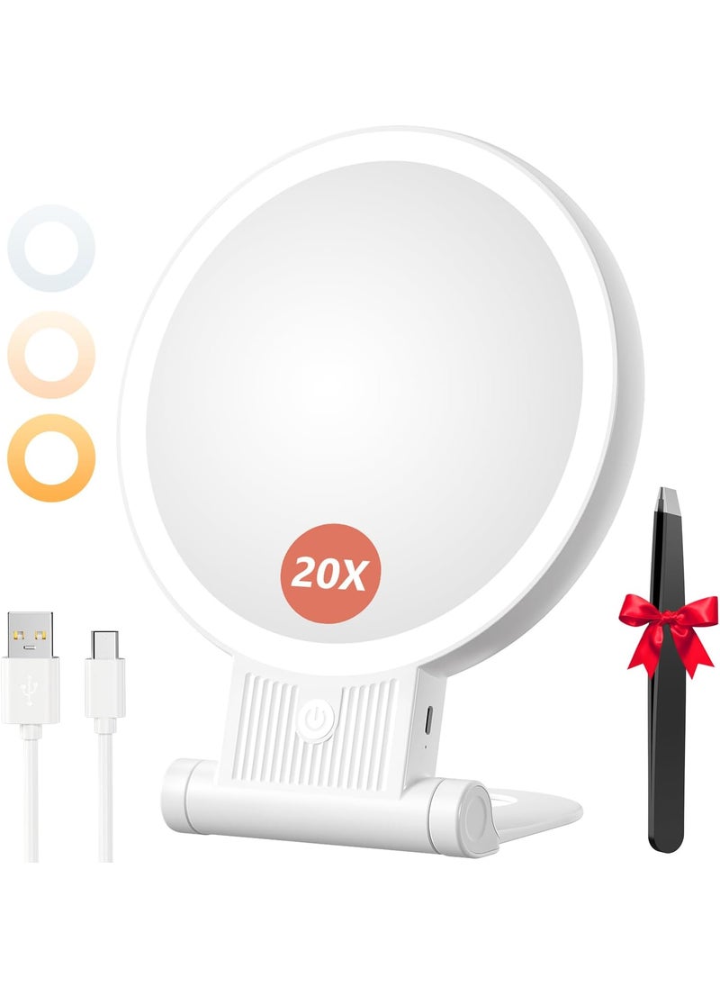 Auxmir 1X/20X Magnifying Mirror with Light, Double Sided Makeup Mirror with Adjustable Folding Handle, 2000mAh Rechargeable Vanity Mirror with Tweezer, Portable Tabletop Mirror for Travel Home 