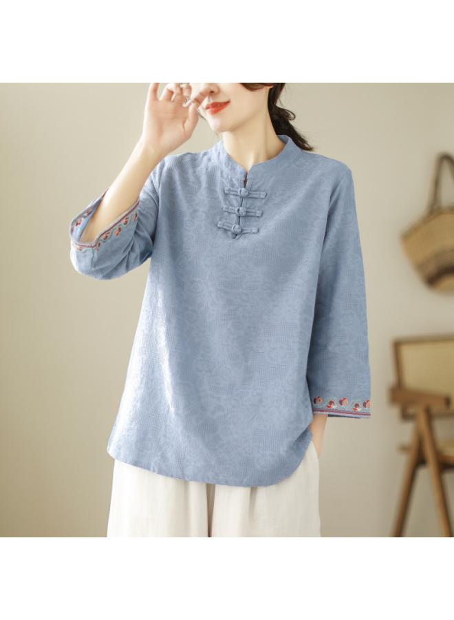 VUELO Real Shot Summer New Vintage Jacquard Cotton Linen Button Seven Sleeve Shirt Women's Shirt Top 2870# - Image 2