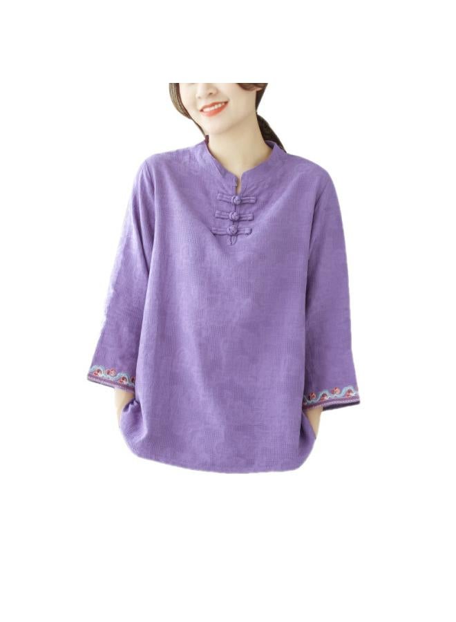 VUELO Real Shot Summer New Vintage Jacquard Cotton Linen Button Seven Sleeve Shirt Women's Shirt Top 2870# - Image 5