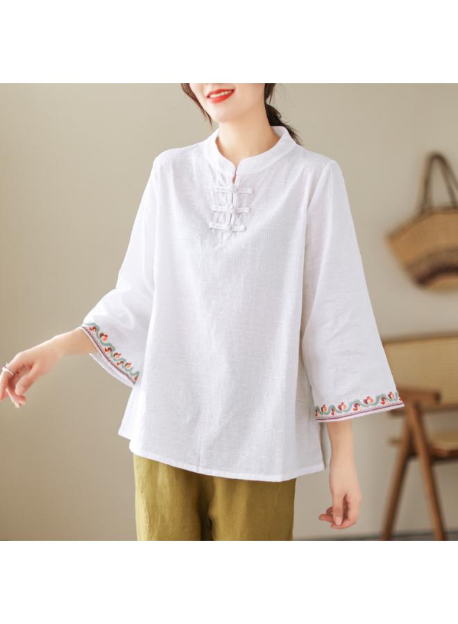 VUELO Real Shot Summer New Vintage Jacquard Cotton Linen Button Seven Sleeve Shirt Women's Shirt Top 2870# - Image 1