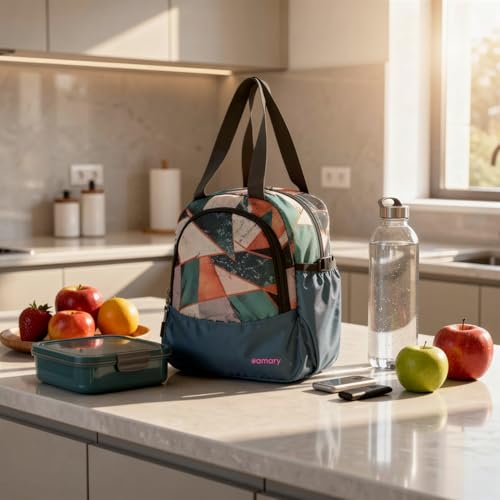 AMARY Lunch Bag for Kids – Water-Repellent with Durable Zipper & Stitching | Spacious Tiffin Carrier with Front Pocket & Bottle Holder | Multipurpose Storage Bag - (Abstract Pattern, Aqua Blue) - Image 1