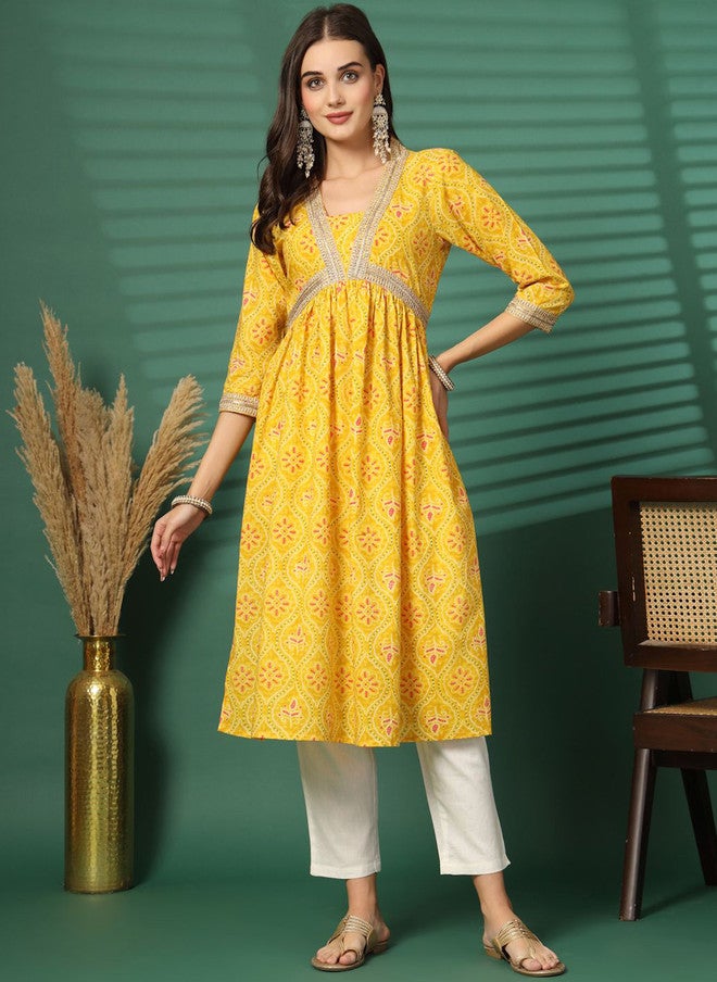 LARGISH Bandhani Printed Square Neck Zari Empire Pure Cotton A-Line Kurta - Image 1