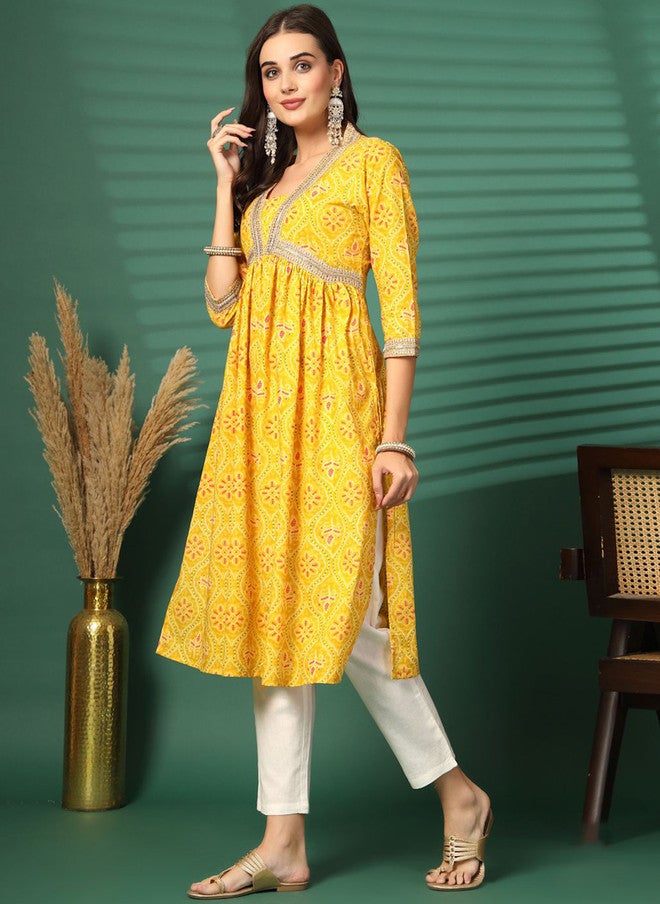 LARGISH Bandhani Printed Square Neck Zari Empire Pure Cotton A-Line Kurta - Image 4