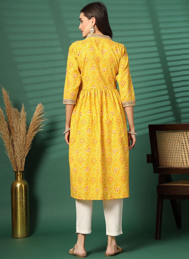 LARGISH Bandhani Printed Square Neck Zari Empire Pure Cotton A-Line Kurta - Image 5