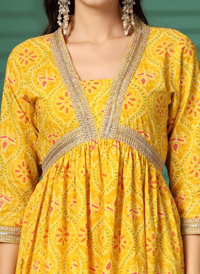 LARGISH Bandhani Printed Square Neck Zari Empire Pure Cotton A-Line Kurta - Image 2