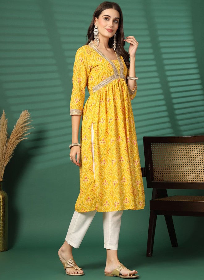 LARGISH Bandhani Printed Square Neck Zari Empire Pure Cotton A-Line Kurta - Image 3