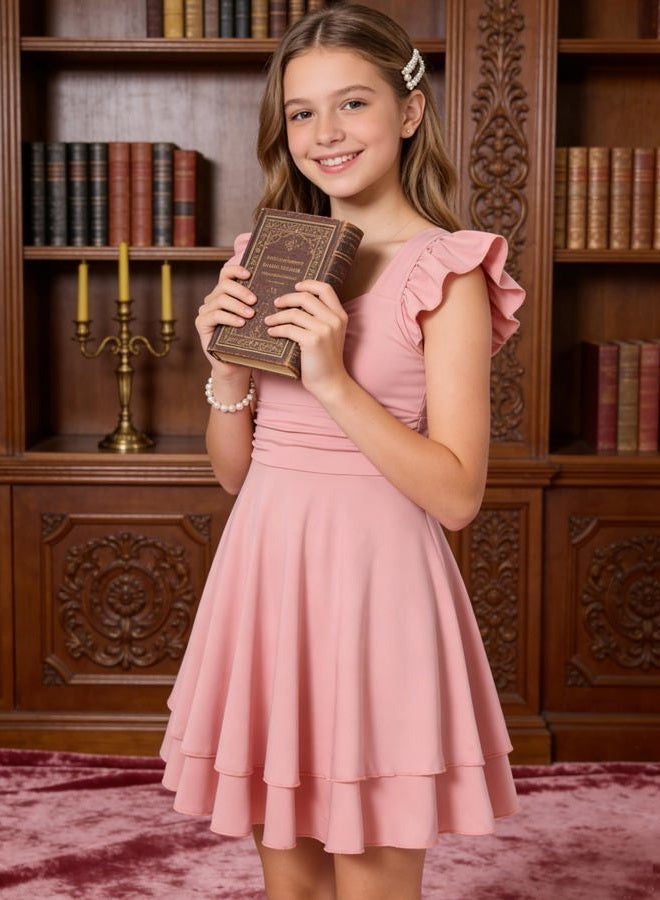 ALISISTER Girls Ruched Dresses Teens Ruffle Flowy Tiered A Line Swing Dress for Girl 7-14Y, Pink, 9-10 Years - Image 5
