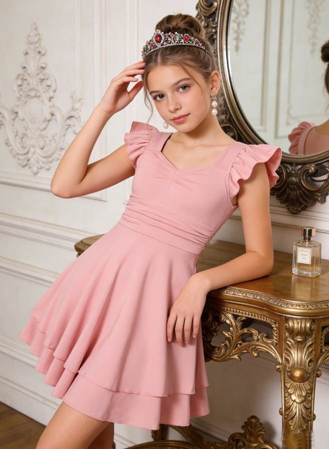 ALISISTER Girls Ruched Dresses Teens Ruffle Flowy Tiered A Line Swing Dress for Girl 7-14Y, Pink, 9-10 Years - Image 4