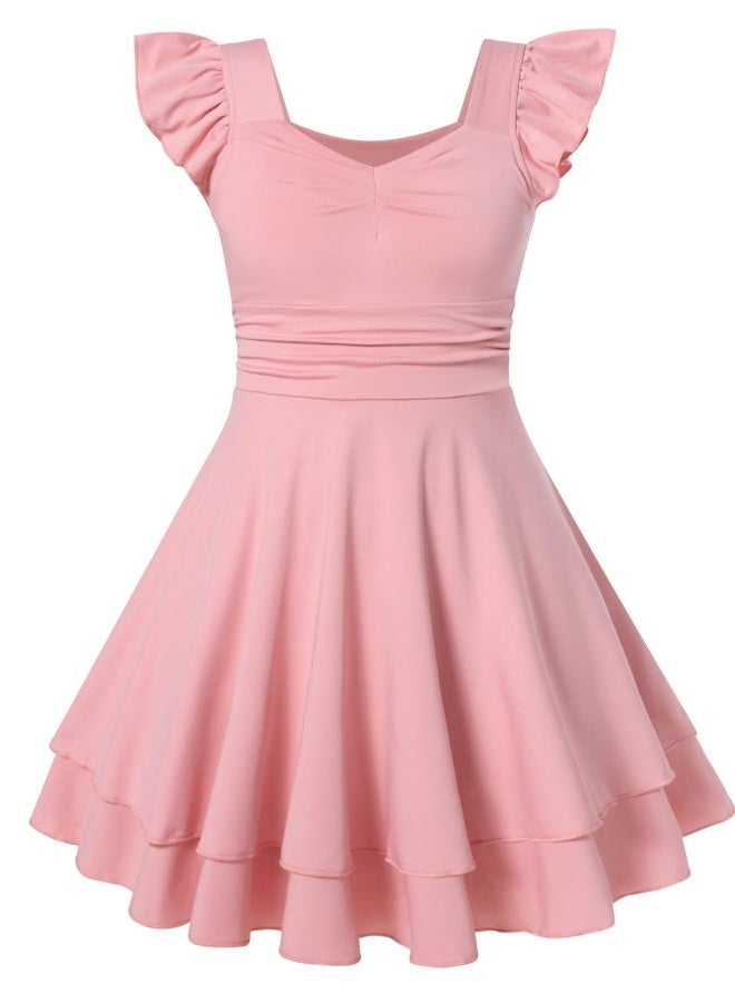 ALISISTER Girls Ruched Dresses Teens Ruffle Flowy Tiered A Line Swing Dress for Girl 7-14Y, Pink, 9-10 Years - Image 1