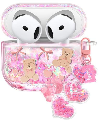 Joyleop for Airpods 4 Case - Cute Girly Quicksand Liquid for Women Girl Pretty Aesthetic Shiny Bling Stylish Bear and Bow Design Protective Case for Airpods 4th Generation 2024 Cover with Keychian - Image 1