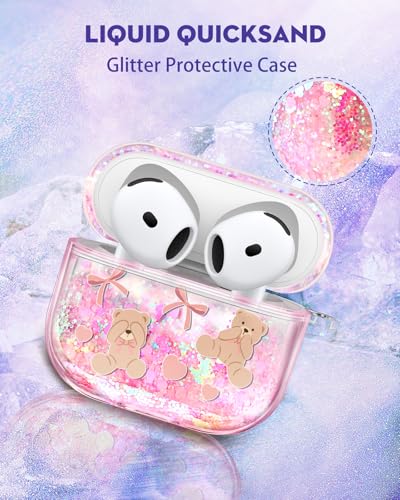 Joyleop for Airpods 4 Case - Cute Girly Quicksand Liquid for Women Girl Pretty Aesthetic Shiny Bling Stylish Bear and Bow Design Protective Case for Airpods 4th Generation 2024 Cover with Keychian - Image 3