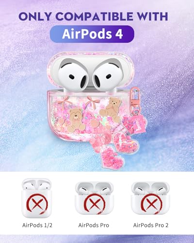 Joyleop for Airpods 4 Case - Cute Girly Quicksand Liquid for Women Girl Pretty Aesthetic Shiny Bling Stylish Bear and Bow Design Protective Case for Airpods 4th Generation 2024 Cover with Keychian - Image 2