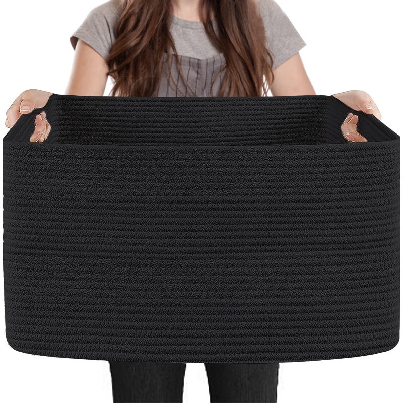MEGASKET Extra Large Rectangle Storage Basket 236 x 17 x 12 Black Blanket Basket Living Room Big Cotton Rope Shoe Blanket Storage Bin Woven Kids Dog Toy Bin Box Organizer Wicker Laundry Basket