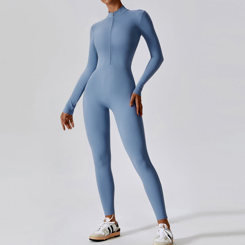 Generic Seamless Zipper Long Sleeve Yoga Jumpsuit Fitness 8306 Turquoise green - Image 4