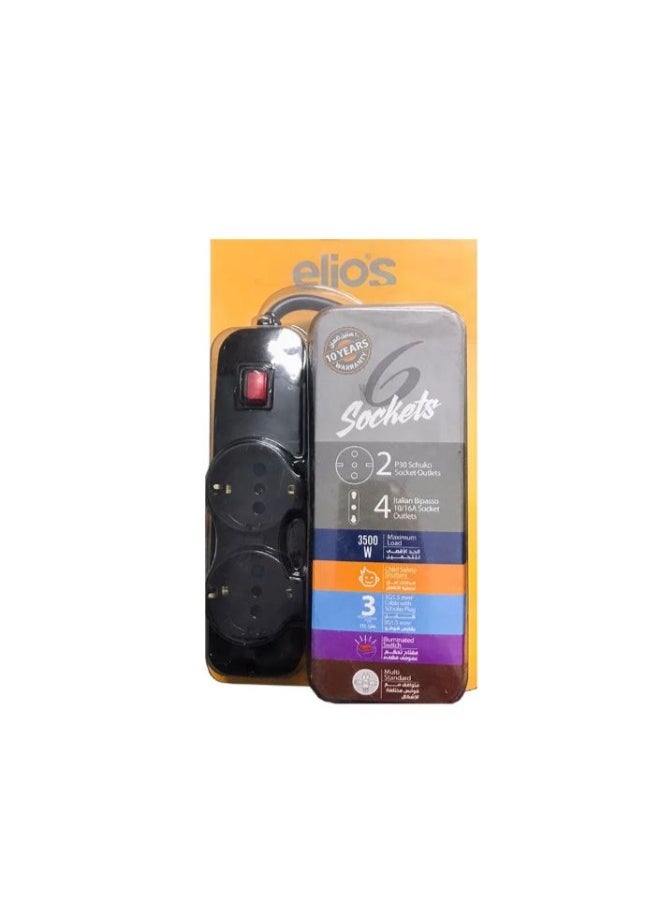 Elios Elios Extension Socket, Black- Basic 6 Sockets  - Image 2