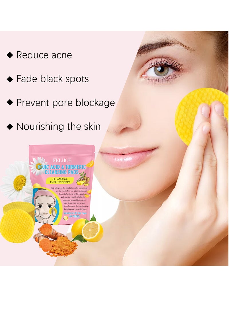 EELHOE 40Pcs Kojic Acid and Turmeric Cleansing Pads, Turmeric Cleansing Pads Exfoliating Cleansing Facial Treatment  - Image 2