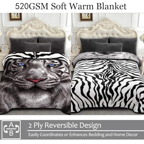 JYK Soft Fleece Bed Blanket Queen Size 5 LB, Korean Style 2 Ply Reversible Fluffy Flannel Blanket Microfiber, Warm Cozy Blanket for Autumn, Winter 75x87 Inches - Black White Tiger/Tiger Stripes - Image 3