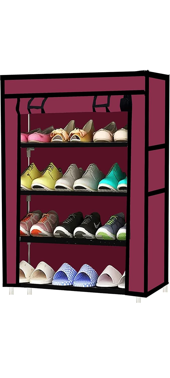 PHILOSHOP Multipurpose Foldable 4 Layer Shoe Rack for Home Improvement Furniture Chappal Stand Adjustable Shelf Wadrobe Storage Clothes Maroon - Image 1