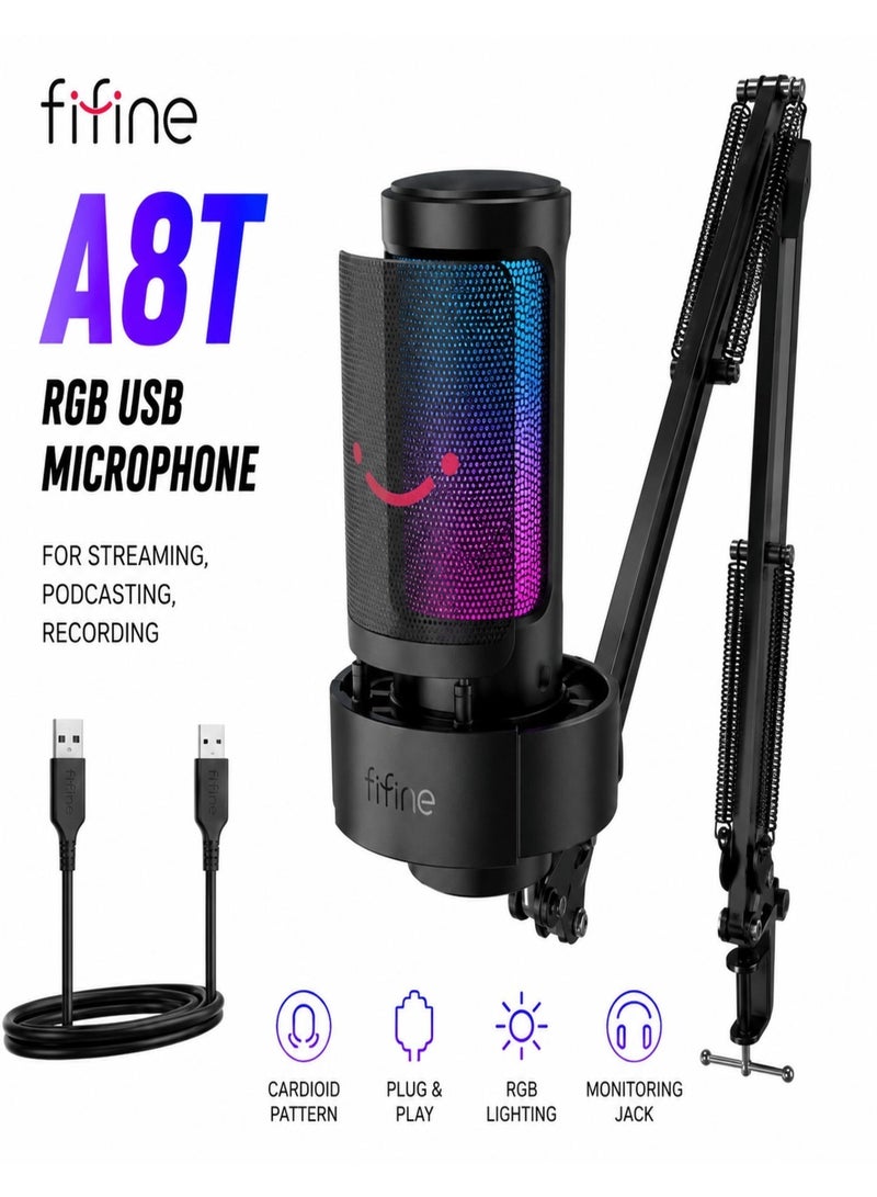 FIFINE USB Gaming Microphone Kit, PC Streaming Mic with RGB Lights, Mute, Gain Knob, Metal Boom Arm for Recording Podcast, Condenser Computer Microphone Set Compatible with PS4/PS5-AmpliGame A8T - Image 1